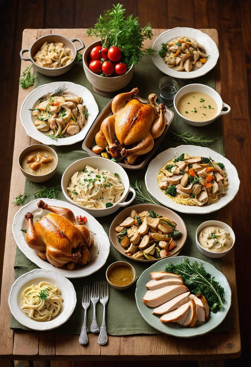 A beautifully arranged dinner table featuring various easy chicken meals, like juicy roasted chicken, creamy chicken Alfredo, and savory chicken stir-fry, all set against a cozy, inviting background. Incorporate warm lighting to create a comforting atmosphere, with rustic utensils and fresh herbs for garnish. The overall feel should evoke a sense of home-cooked warmth and simplicity. vibrant colors. cozy ambiance. soft focus.