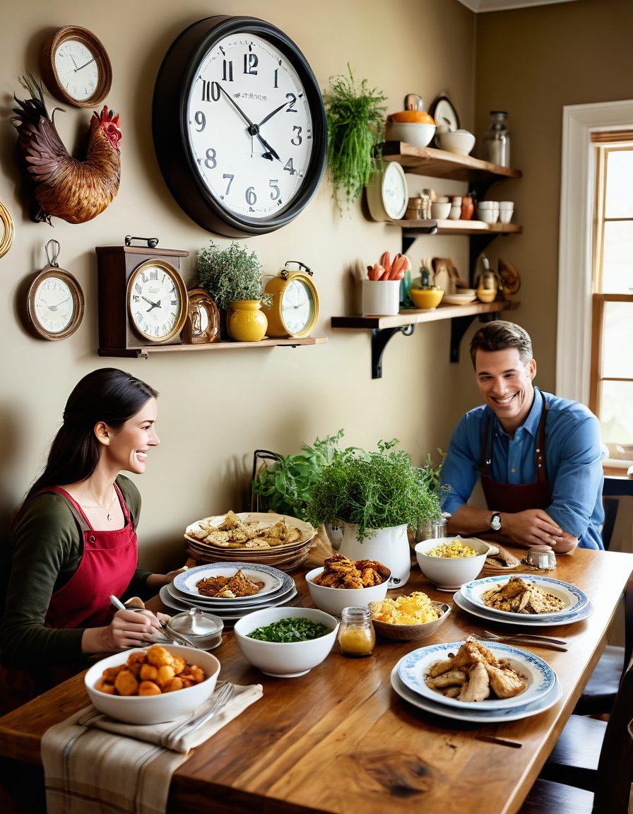 A beautifully arranged kitchen scene showcasing a variety of quick and easy chicken dishes on a rustic wooden table. Include a clock showing time-saving moments, fresh ingredients like herbs and spices, and a family happily sharing a meal together. Warm and inviting colors to convey a sense of comfort and family bonding. vibrant colors. super-realistic.