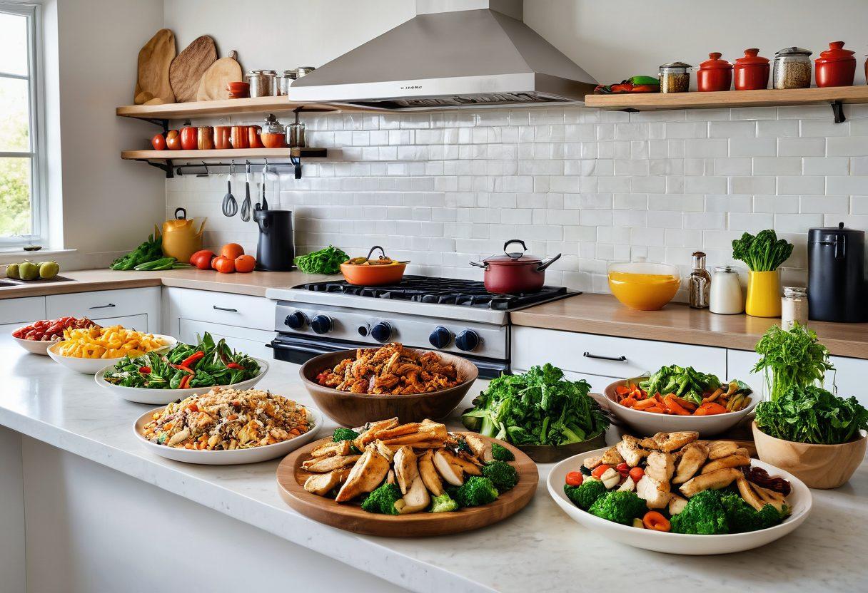 A vibrant kitchen scene showcasing an array of delicious chicken dishes, including a steaming stir-fry, juicy grilled chicken, and a colorful salad. The kitchen is bustling with a clock indicating time-saving meals, and fresh ingredients scattered throughout. Bright lighting highlights the tantalizing textures and colors of the dishes. super-realistic. vibrant colors. white background.